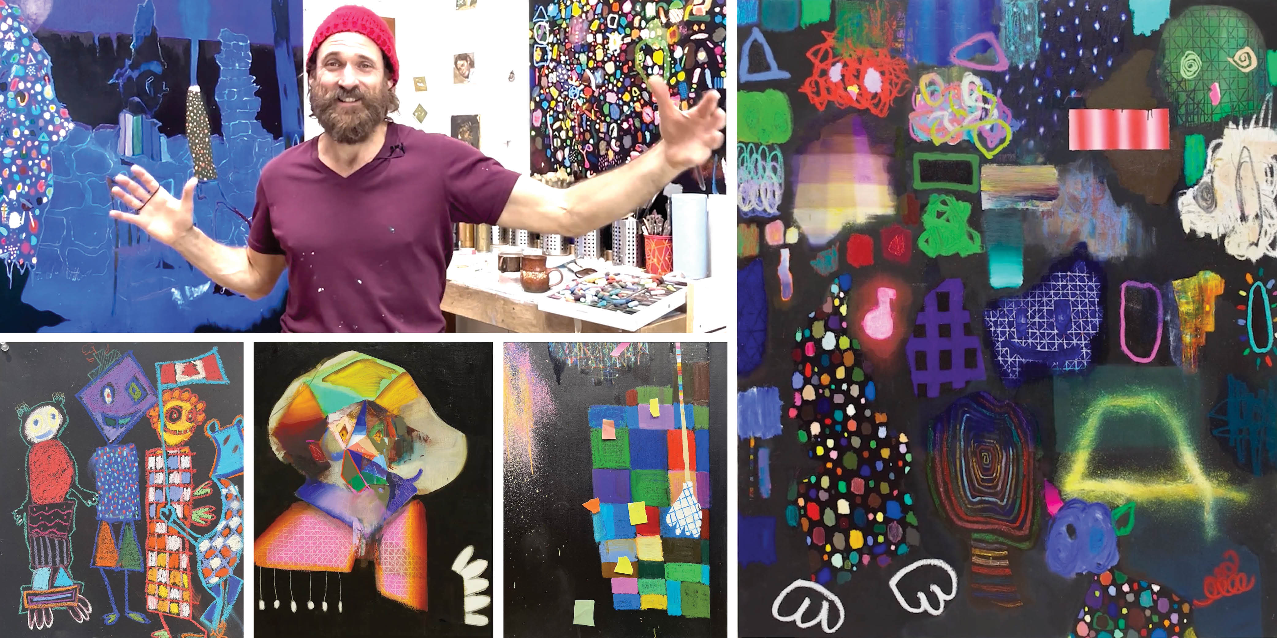 Image of artist Justin Ogilvie in his studio along with a few of his abstract art pieces