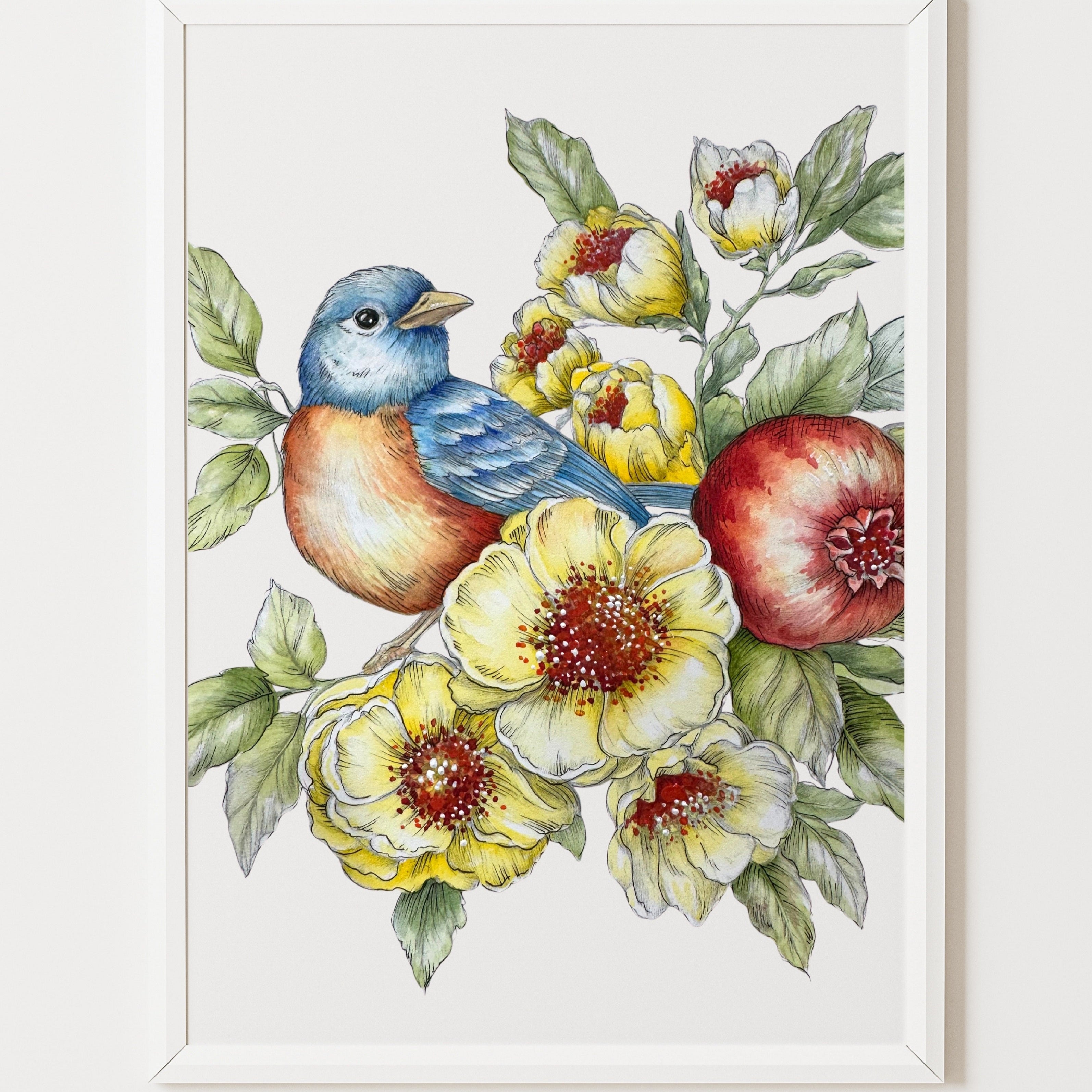 Bird & Pomegranate Watercolour with Willow Wolfe