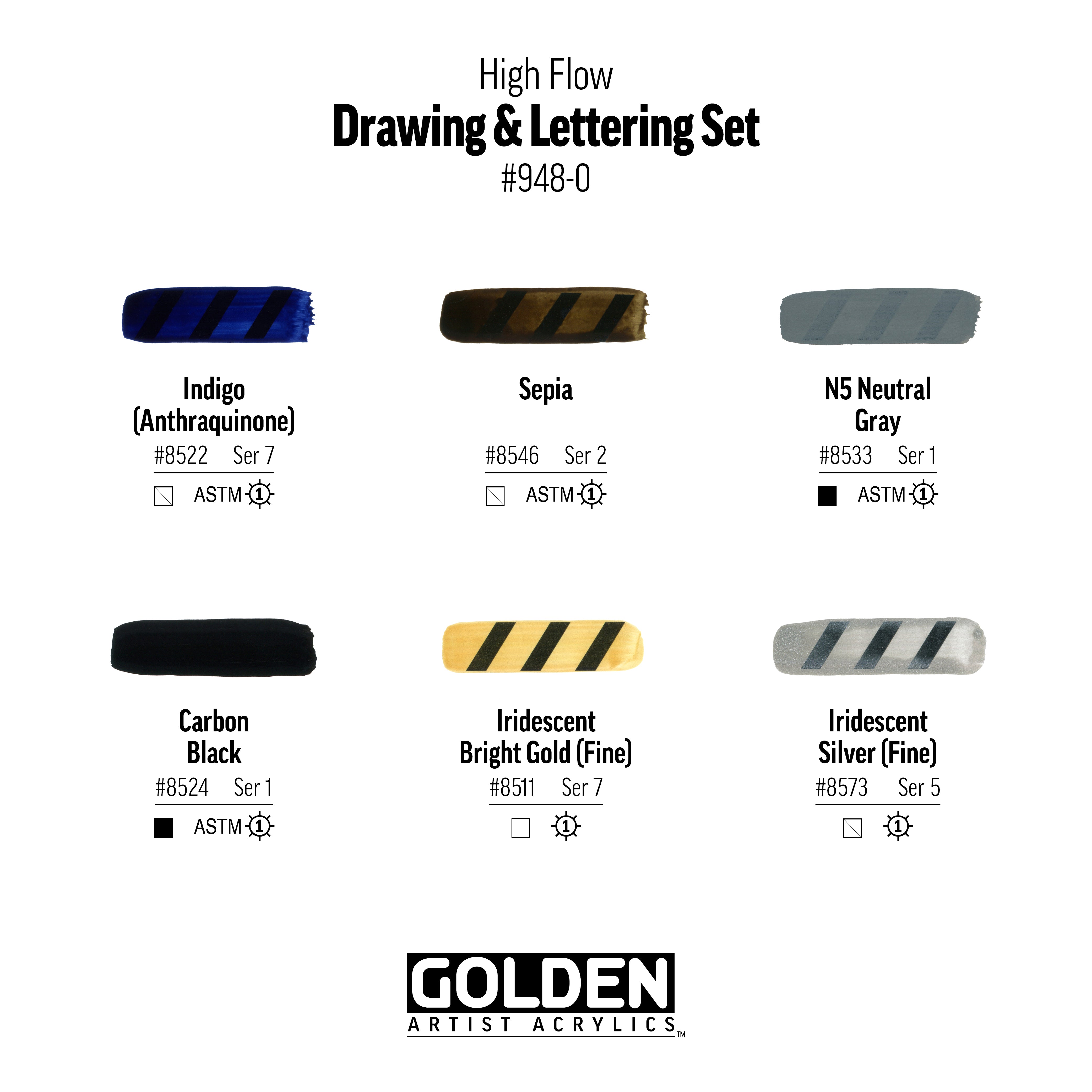 GOLDEN High Flow Acrylics Drawing & Lettering Set of 6