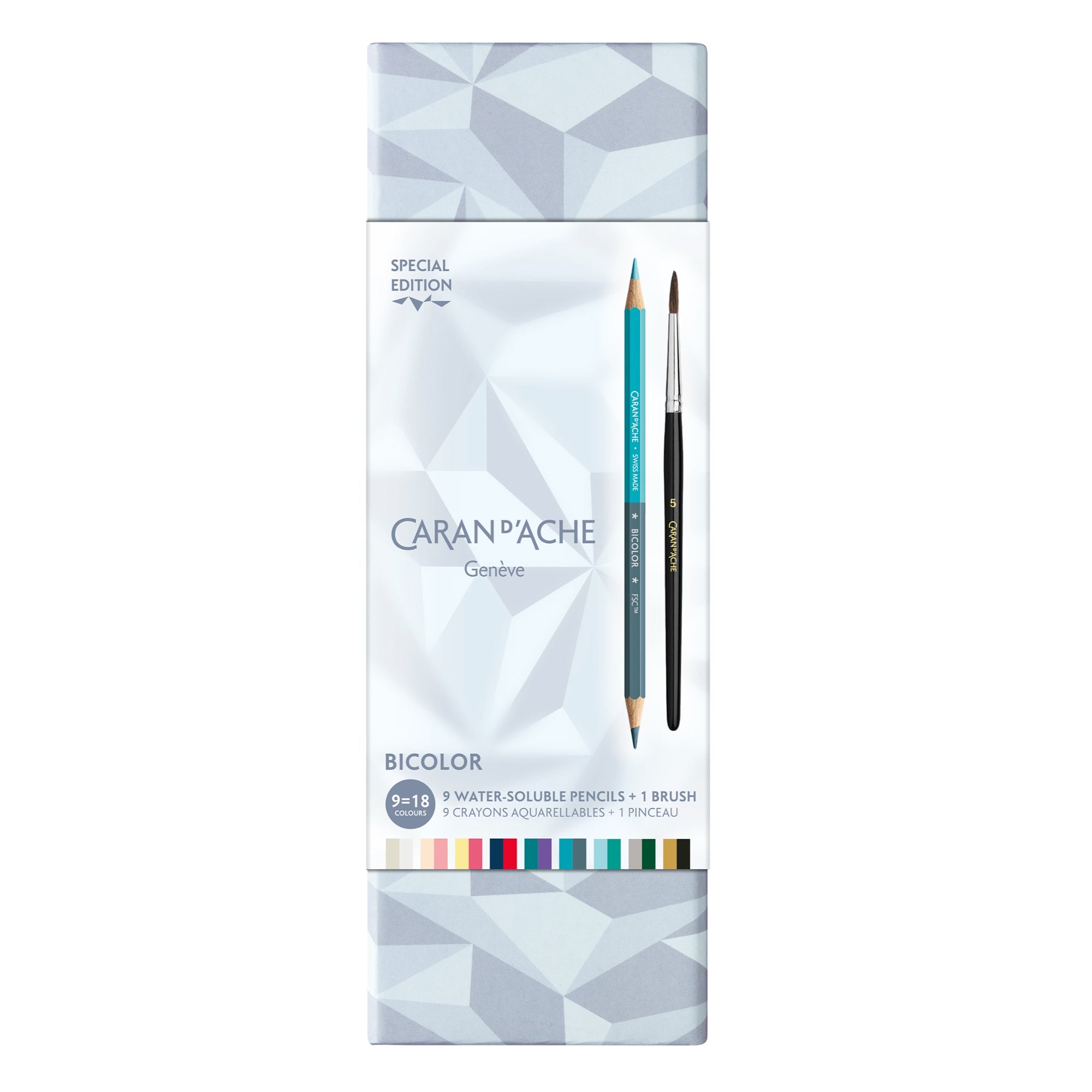 Caran d'Ache bicolor watercolor pencils set packaging on a white background