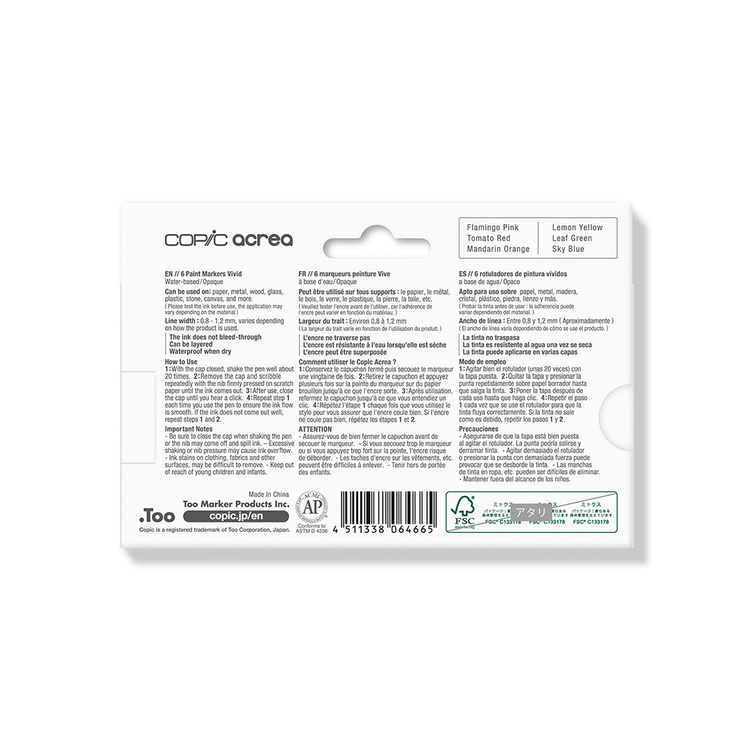 COPIC acrea Paint Marker 6 Colors Set Vivid