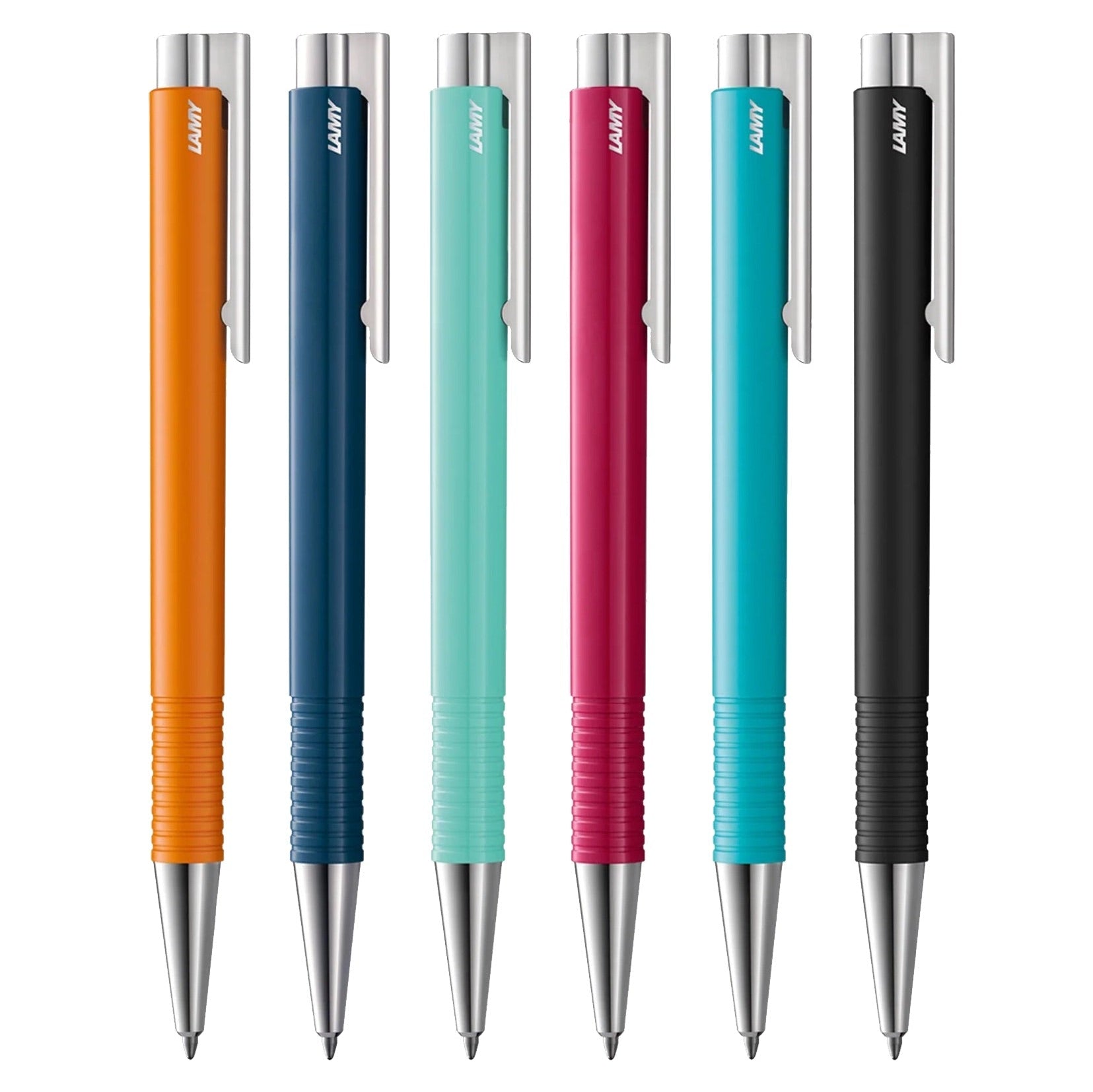 A collection of Lamy Logo M+ Ballpoint Pens in various colors including black, blue, green, orange, pink, and silver.