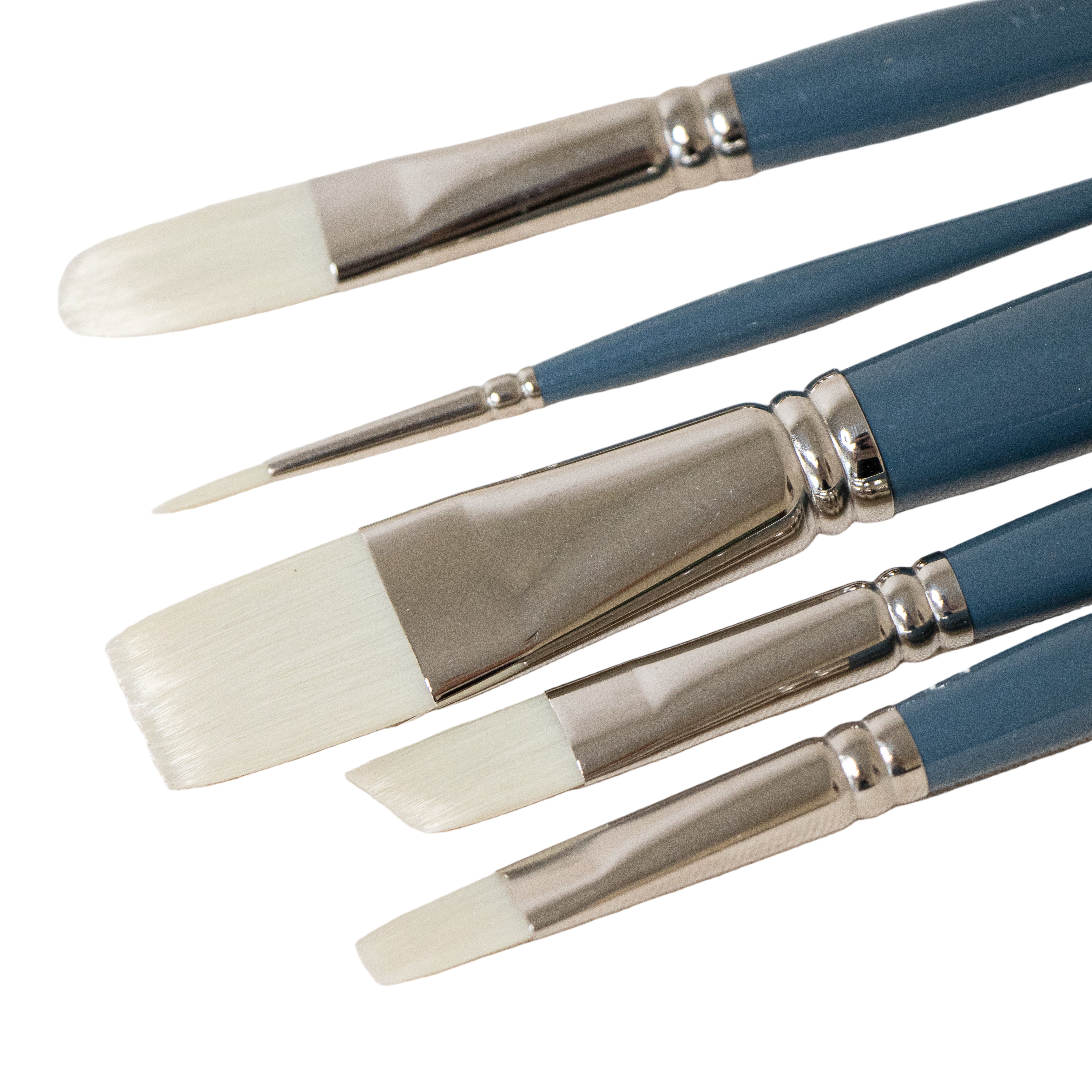 Set of four paintbrushes with blue handles on a light gray background