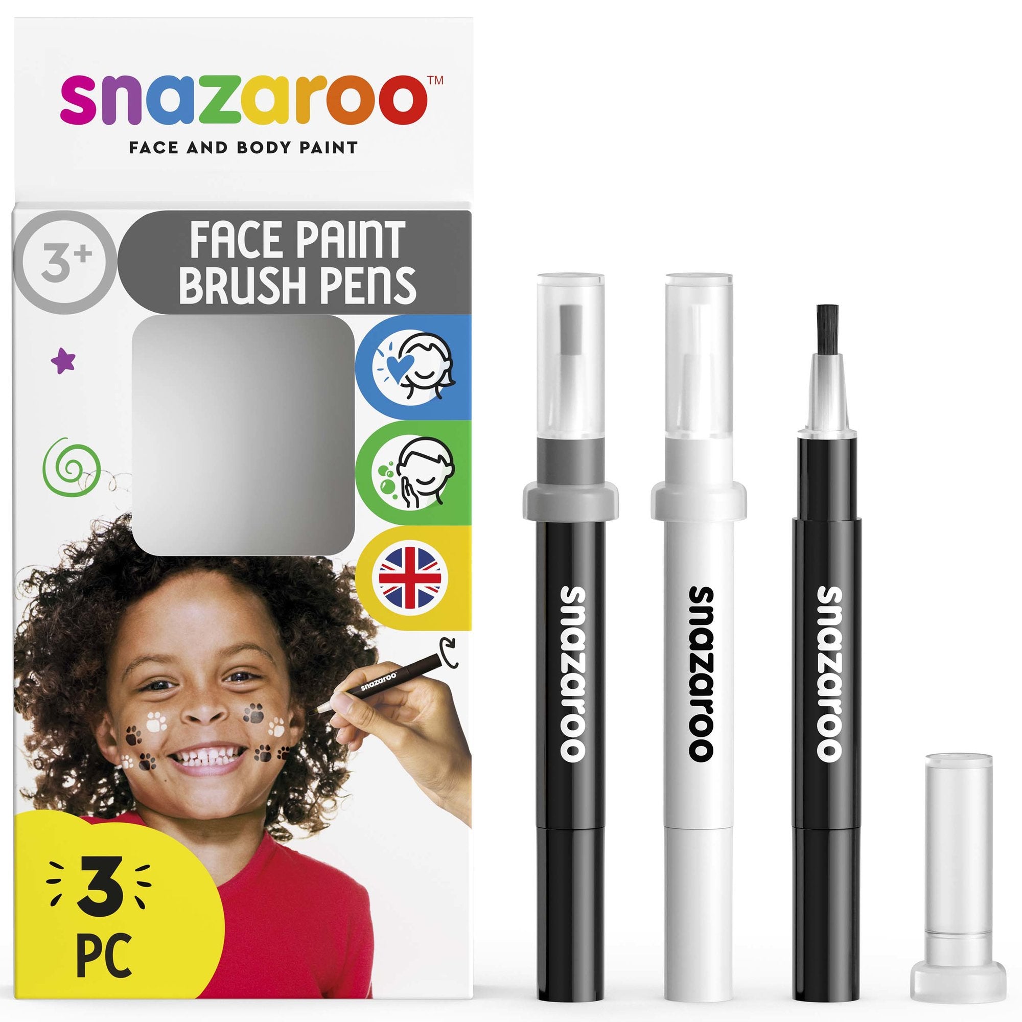 Snazaroo Face Paint Brush Pen Set of 3 Monochrome Pack