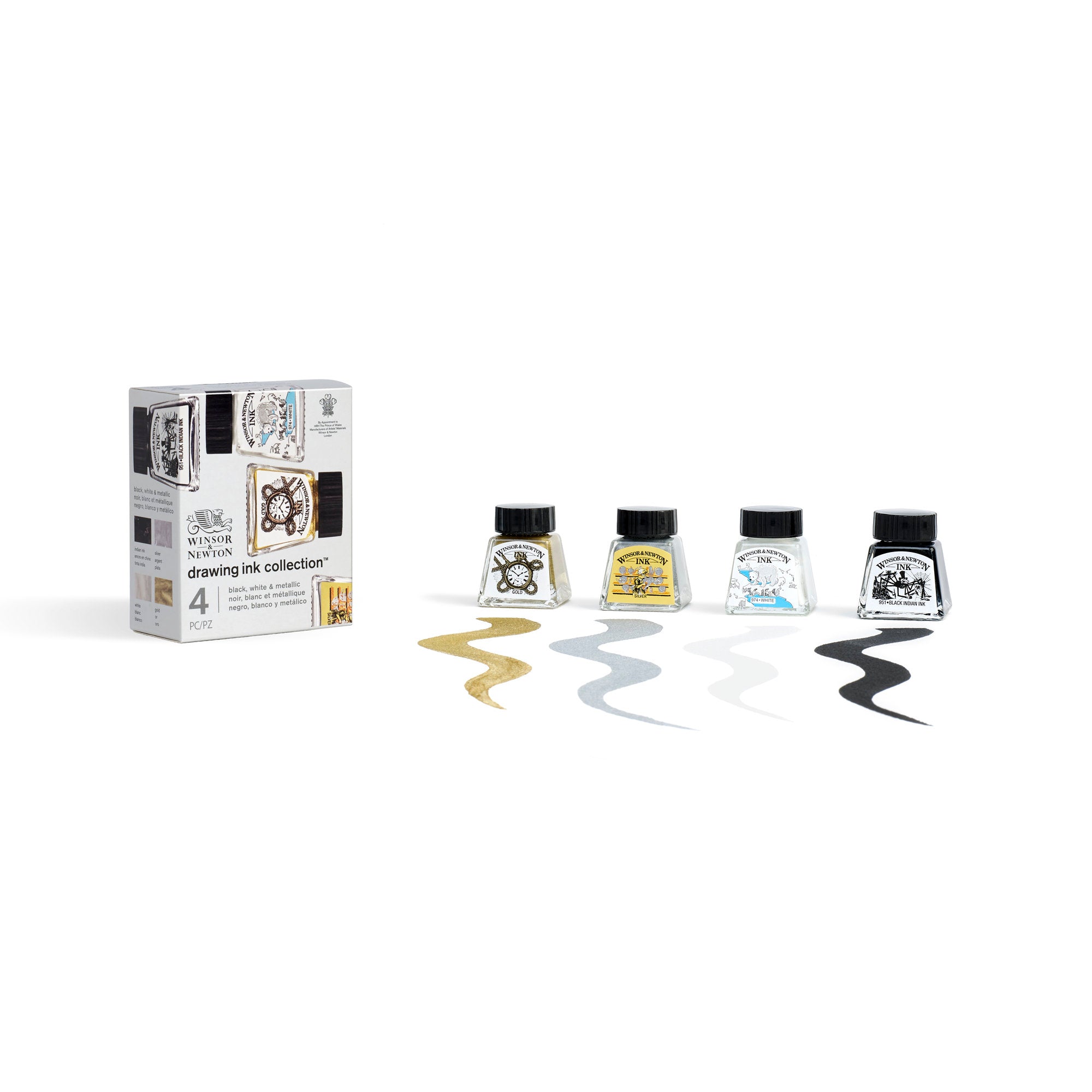 Winsor & Newton Drawing Ink - Black, White, Metallic, Set of 4
