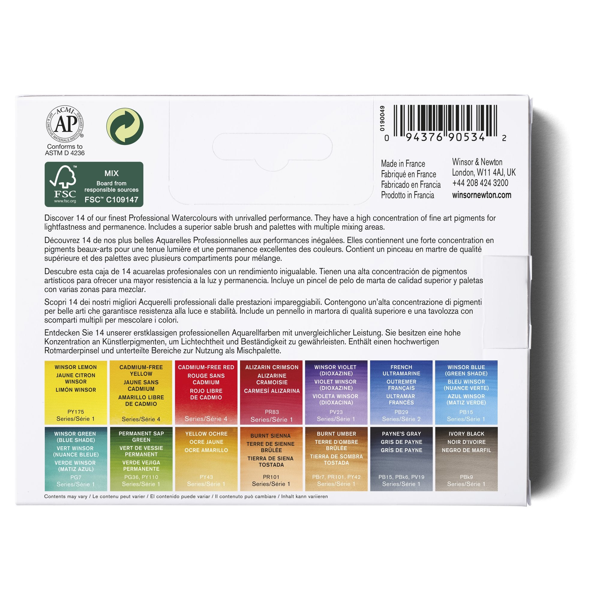 Winsor & Newton Professional Watercolour Set of 14 Compact Half Pans & Brush