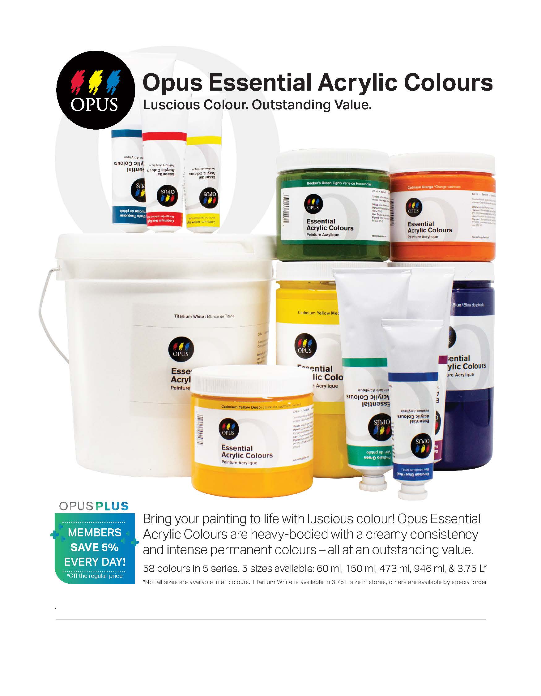 Opus Essential Heavy Body Acrylics - White or Yellow