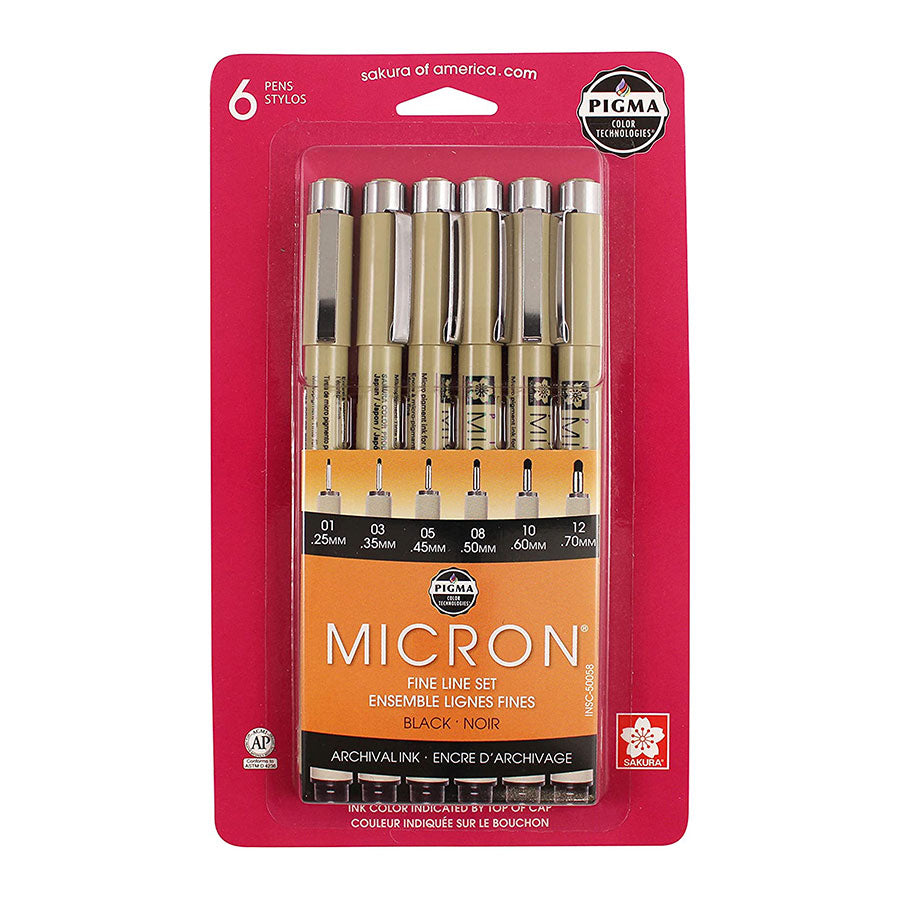 Sakura Pigma Micron Pen - Black Fine & Bold Line Set of 6 (01, 03, 05, 08, 10, 12)