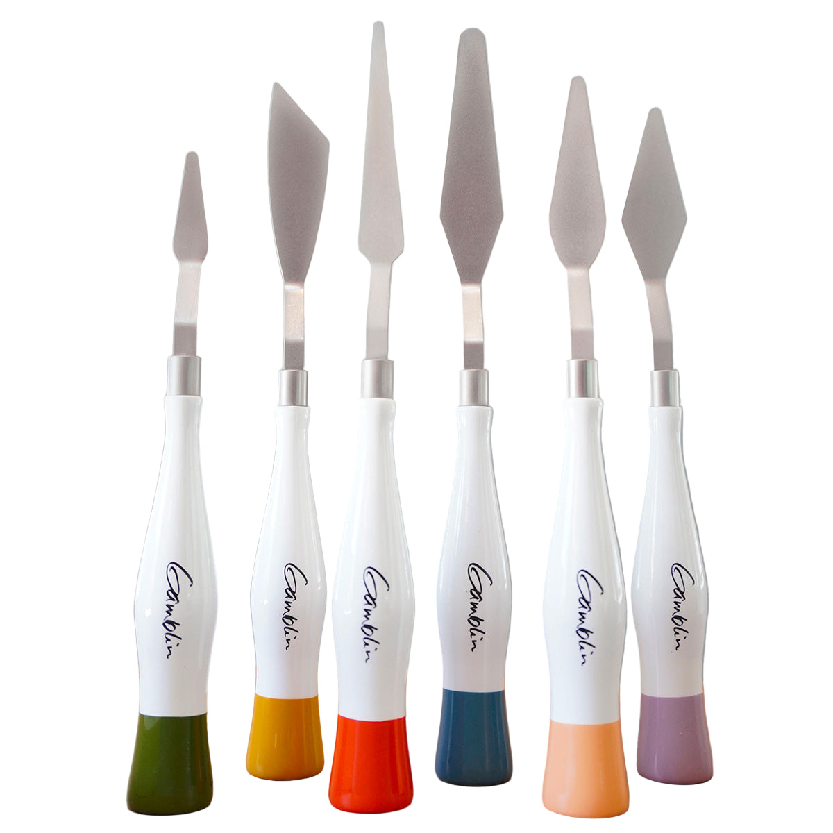 A collection of Gamblin studio knives with different colored handles and silver-colored blades, displayed side by side.